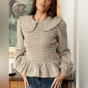 bohme Beige Plaid Smocked Blouse with Peter Pan Collar